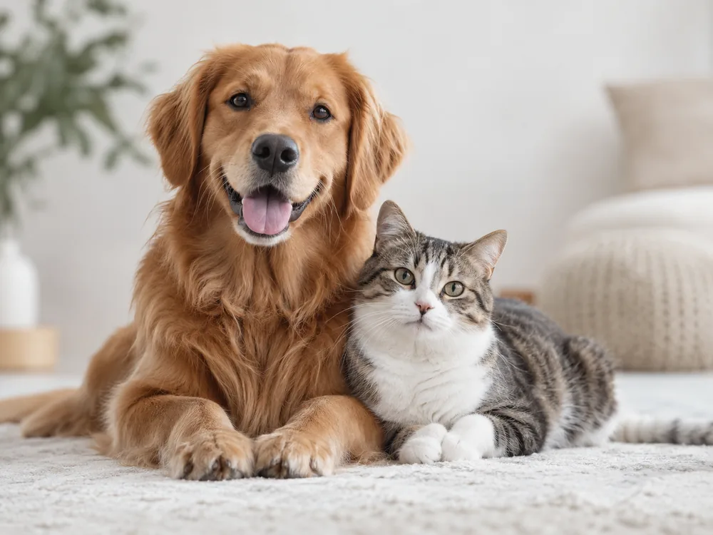 Golden retriever and tabby cat resting together